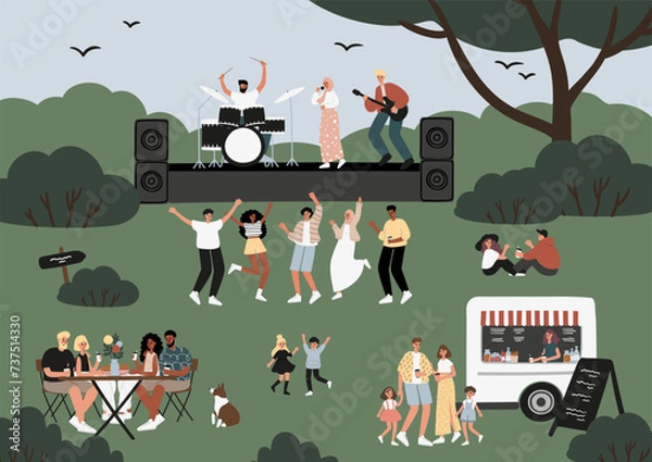Fototapeta Open-air concert at music festival poster, musicians performing on stage card, people dancing, enjoying drink at food truck, having fun in park vector illustration, characters spending time outdoors.