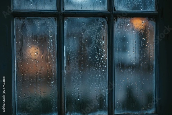 Fototapeta Condensation on double glazed window happens in winter due to excessive moisture in the house when the seal breaks or desiccant fails