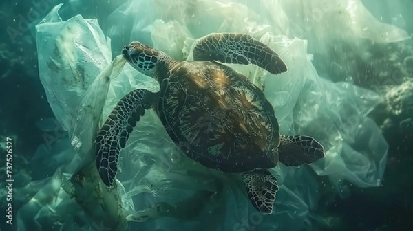 Obraz Plastic Pollution In Ocean - Turtle Eat Plastic Bag Environmental Problem