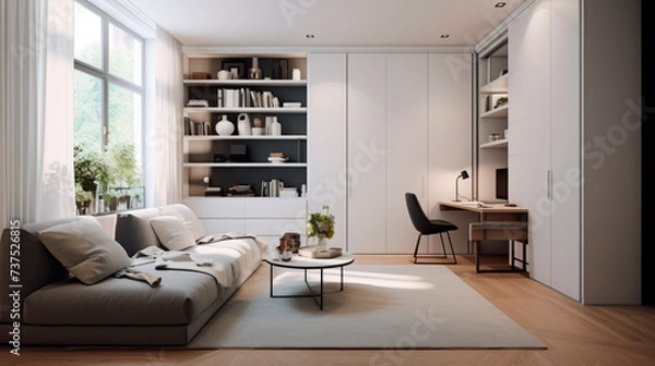 Fototapeta A bright, airy living space, dominated by a large window, features a comfortable sofa and clean lines, showcasing a modern aesthetic that breathes life and light.
