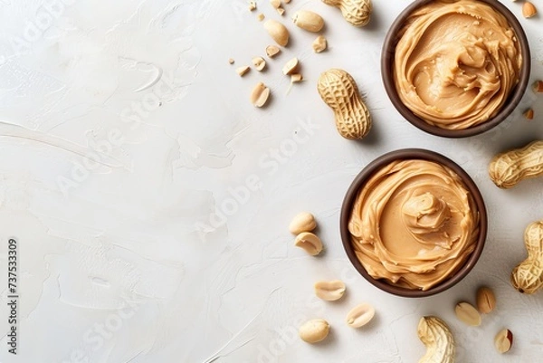 Fototapeta Delicious peanut butter on plain backdrop