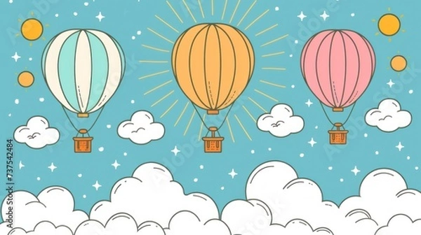Fototapeta a group of hot air balloons flying through a blue sky with stars and clouds in the sky and a starburst in the sky.