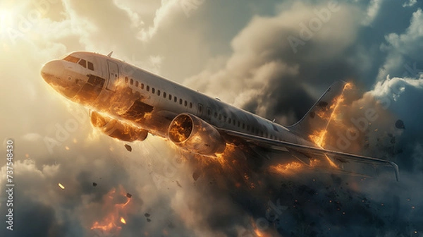 Fototapeta Falling and burning passenger plane in the sky at high altitude
