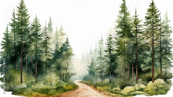 Obraz Watercolour path through forest landscape scenery