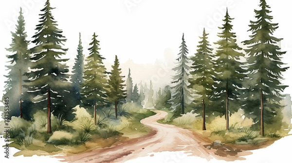 Fototapeta Watercolour path through forest landscape scenery