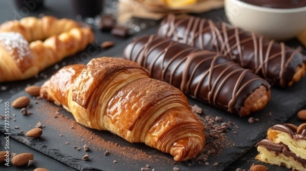 Fototapeta chocolate puff croissant, served on a table generative ai