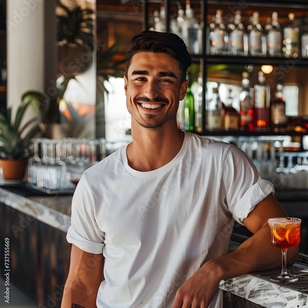 Fototapeta A man is smiling as he stands in front of a modern bar, wearing a plain white t-shirt.



