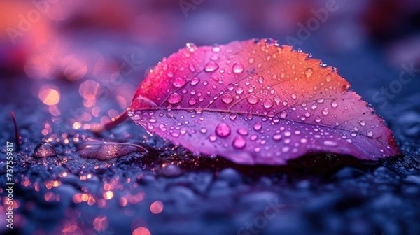 Obraz a close up of a purple and red leaf with drops of water on the leaves and the background is blurry.