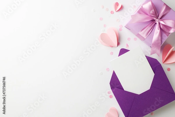 Obraz Precious delights: thoughtful gifts for her joyous moments. Top view shot of elegant purple gift box, envelope, heart confetti on white background with space for product promotions