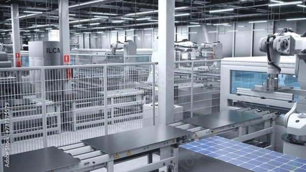 Fototapeta Solar panels being moved on conveyor belts during high tech production process in clean energy factory, 3D render. PV cells used to produce alternative electricity being placed on assembly lines