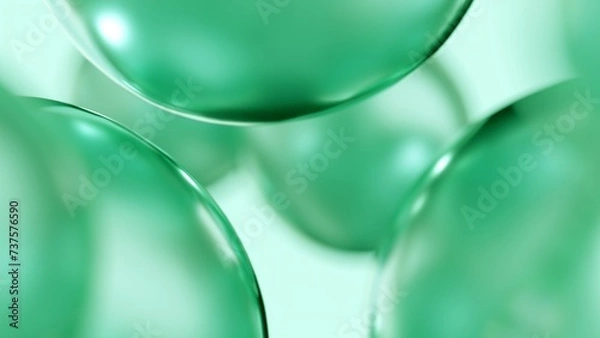 Fototapeta Liquid green oil bubbles macro close up. Abstract cosmetic 3D illustration background of fluid circles. Beauty care concept of decorative antioxidant peptide soap spheres in light water background