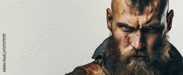 Fototapeta Rugged bearded man with intense gaze, scars, tattoos - embodies strength and resilience, ideal for masculine branding, copy space