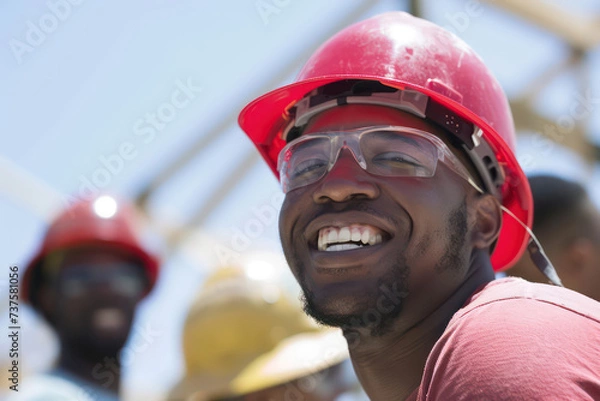 Obraz Happy Construction Worker with Hard Hat on Job Site