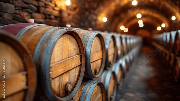 Fototapeta Oak barrels for aging wine in a cellar. Ai generative