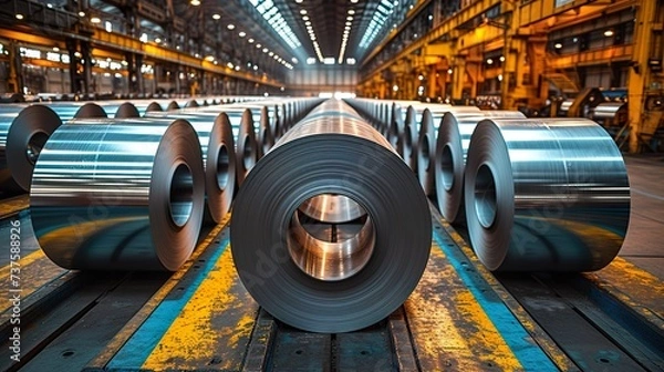 Fototapeta Rolls of galvanized steel sheet inside the factory or warehouse. Ai generative