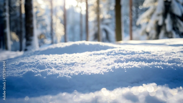 Fototapeta Close-up of fresh snow with sunlit forest in the background representing winter, cold, nature, tranquility, and the holiday season.
