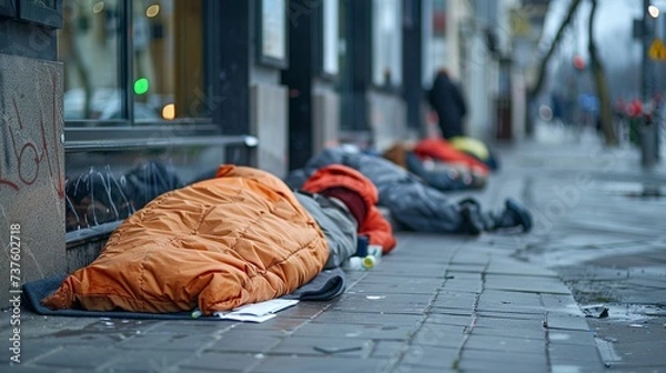 Obraz Homeless people sleeping in sleeping bag and cardboard in a street, concept of financial crisis, unemployment, lose job, vulnerable groups.