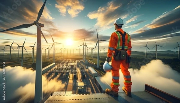 Fototapeta The image shows a worker in high-visibility clothing standing on a platform with a majestic view of wind turbines at sunrise, overlooking a power station amidst a landscape of clouds and hills.

