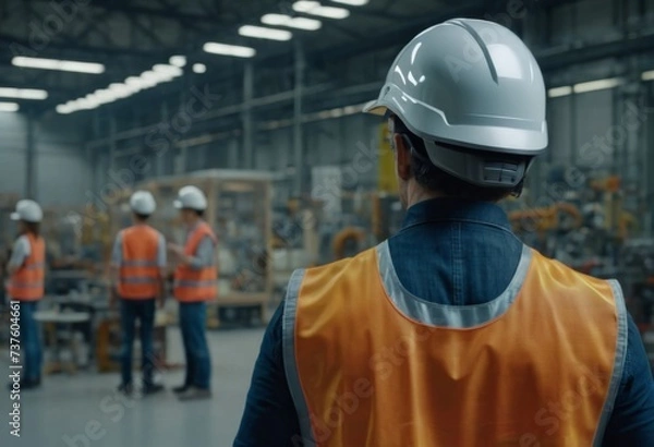 Fototapeta A man wearing a reflective vest and a safety helmet at a working site
