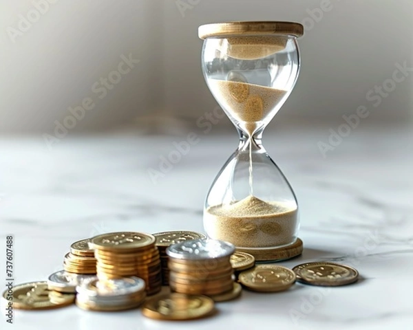 Fototapeta An hourglass with sand, symbolizing time's transient nature, is perched above meticulously arranged stacks of coins