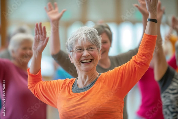 Fototapeta A group of joyful seniors engaged in a vibrant dance class