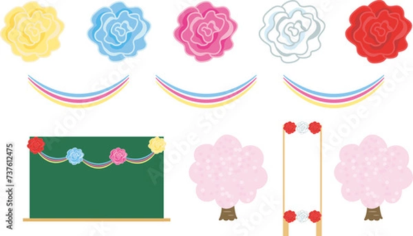 Obraz お花紙でつくった紙花と飾り付け、桜の木のベクターイラスト