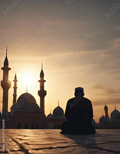 Fototapeta A Man is Sitting and Praying With a Sunset in the Background for Eid al-Fitr Background
