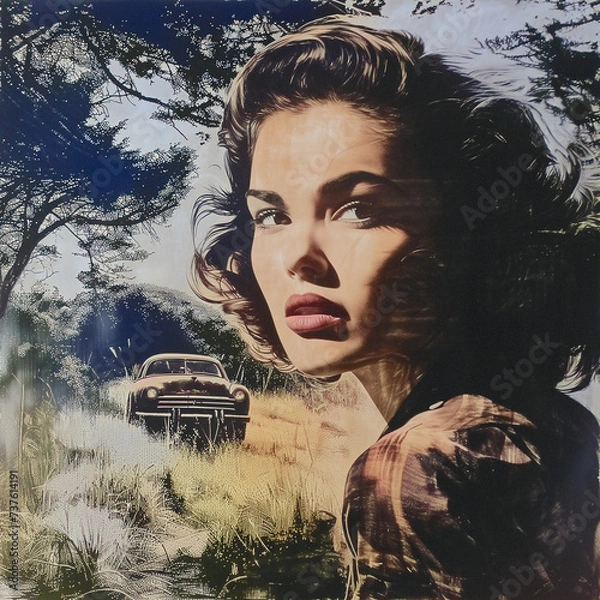 Obraz a screen print composite of a beautiful woman in a movie poster or book cover for a mystery