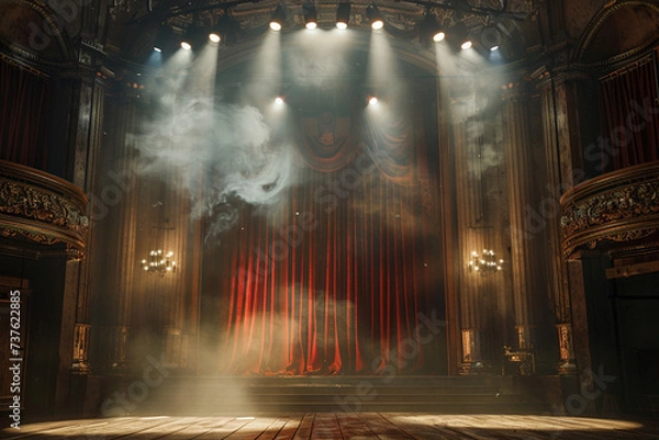 Fototapeta Theater stage with red curtains and spotlights. Theatrical scene in the light background