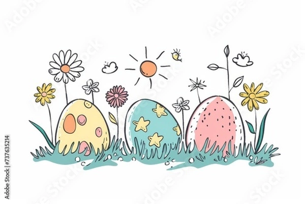 Obraz Happy Easter Eggs Basket Palm procession. Bunny in flower easter classic card decoration Garden. Cute hare 3d easter brunch easter rabbit spring illustration. Holy week flower card wallpaper jolly