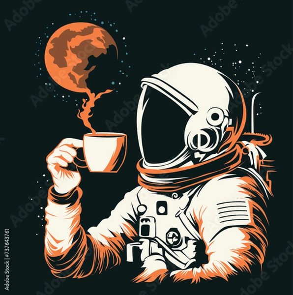 Obraz ASTRONAUT DRINKING COFFEE IN OUTER SPACE COOL AND UNIQUE DESIGN VECTOR STYLE THAT YOU NEED - DESIGN RESULTING FROM ARTIFICIAL INTELLIGENCE (AI)