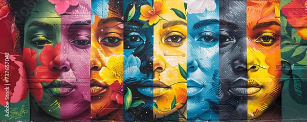 Fototapeta Spectrum of Unity Mural.
A vibrant mural depicting women's faces with a floral overlay representing unity in diversity.