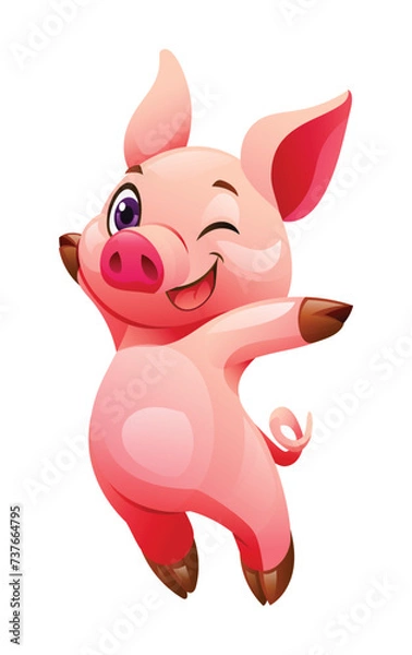 Fototapeta Cheerful pig cartoon vector illustration. Happy pig isolated on white background