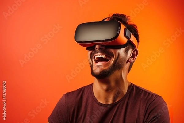 Fototapeta illustration of young man using virtual reality headset. VR, future, gadget, technology concept