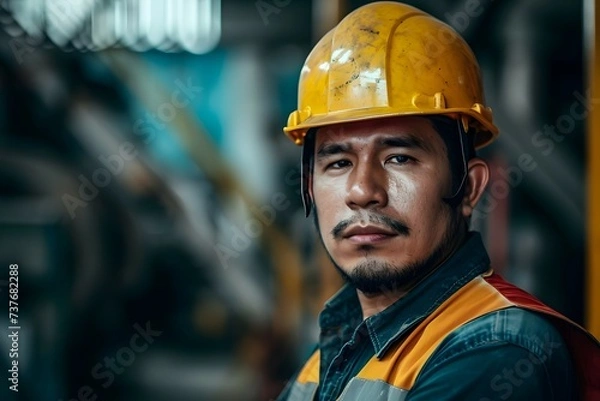 Fototapeta A Southeast Asian worker in a yellow helmet and high-vis vest, with a serious expression against a blurred industrial backdrop