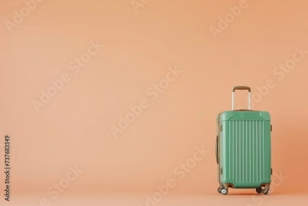 Obraz A green rectangle suitcase rests on a pink surface