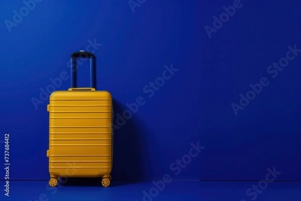 Fototapeta a yellow suitcase is standing in front of a blue wall