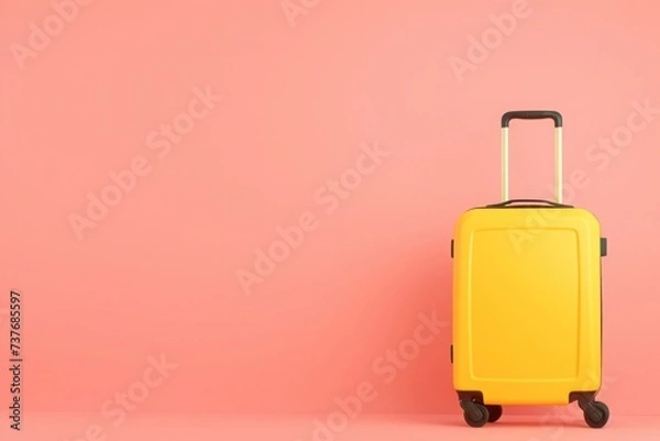 Fototapeta a yellow suitcase is sitting on a pink background