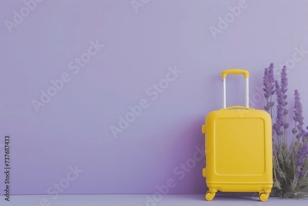 Fototapeta a yellow suitcase is sitting in front of a purple wall