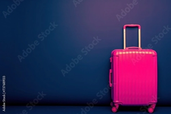 Fototapeta a pink suitcase is sitting in front of a blue wall