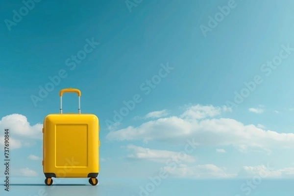Fototapeta a yellow suitcase is standing in front of a blue sky