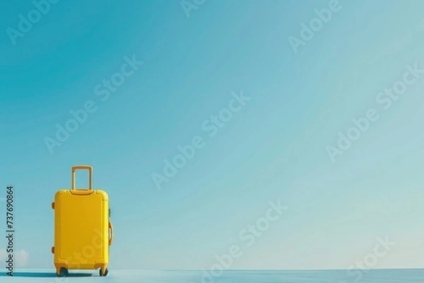 Fototapeta A yellow suitcase rests on the sandy beach against an electric blue sky
