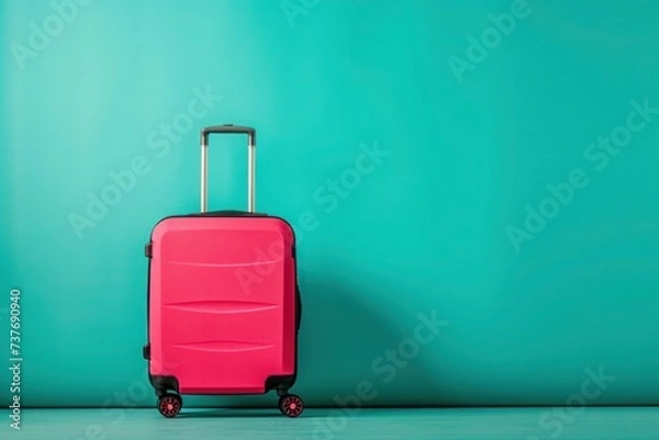Fototapeta a pink suitcase is sitting in front of a blue wall