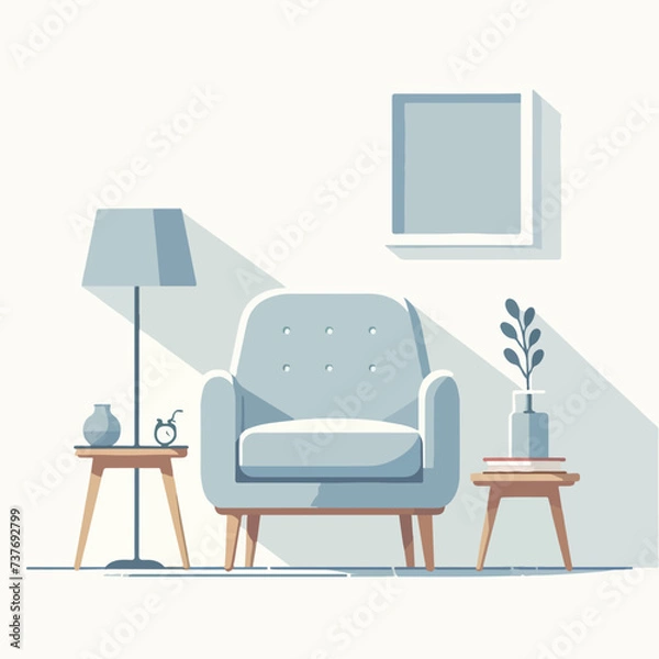 Fototapeta flat design illustration of loveseat with plant decoration, lamp, and photo frame on the wall. Design for furniture, interior, home decor