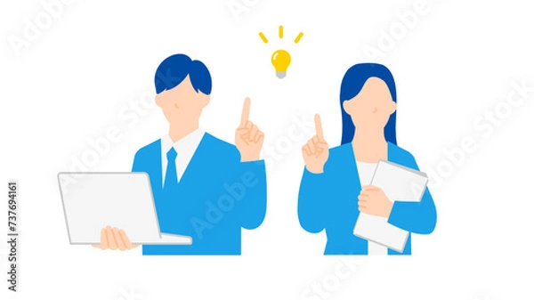 Fototapeta 人差し指を立てて解決策をアピールする男女のビジネスパーソンのイラスト