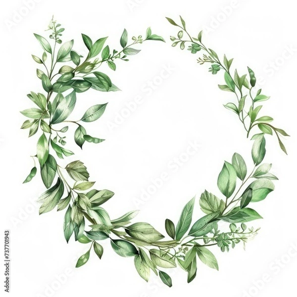 Fototapeta Oval wreath of green foliage, fine hand-painted in the style of watercolor illustration, white background,