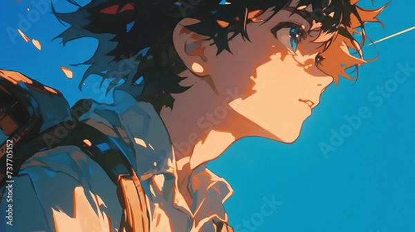 Obraz 横顔の男子　学生　新社会人　シンプル青背景