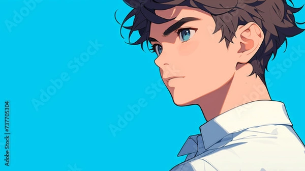 Obraz 横顔の男子　学生　新社会人　シンプル青背景