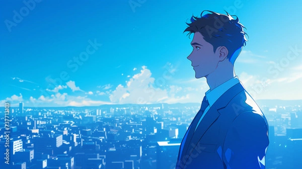 Obraz 横顔の男性　新社会人　ビジネスマン　都会背景　シンプル