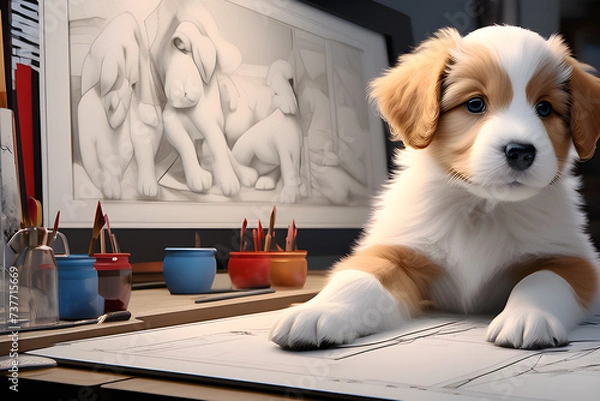 Obraz A puppy that's interfering with drawing.
Generative AI